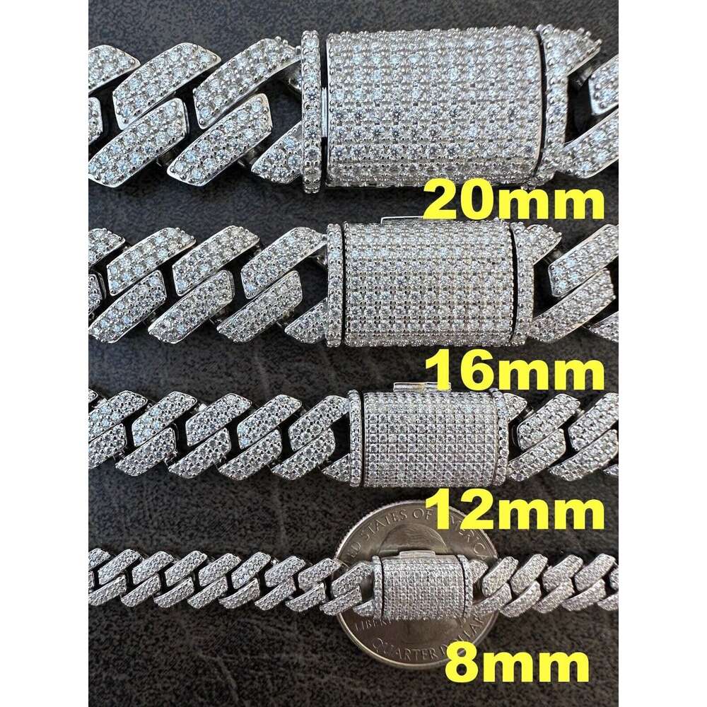 Hip Hop Luxury Mossanite Necklace Square 2 Rows 925 Sterling Silver 8-20mm Iced Out Prong Vvs Moissanite Cuban Link Chain