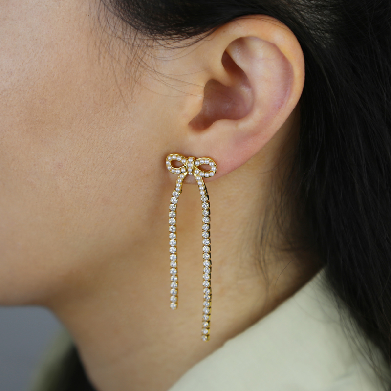 2024 Trendy Pearl Cubic Zirconia Paved Bowknot Tassel Earrings: Chic Long Tennis Chain Drop Earring Set