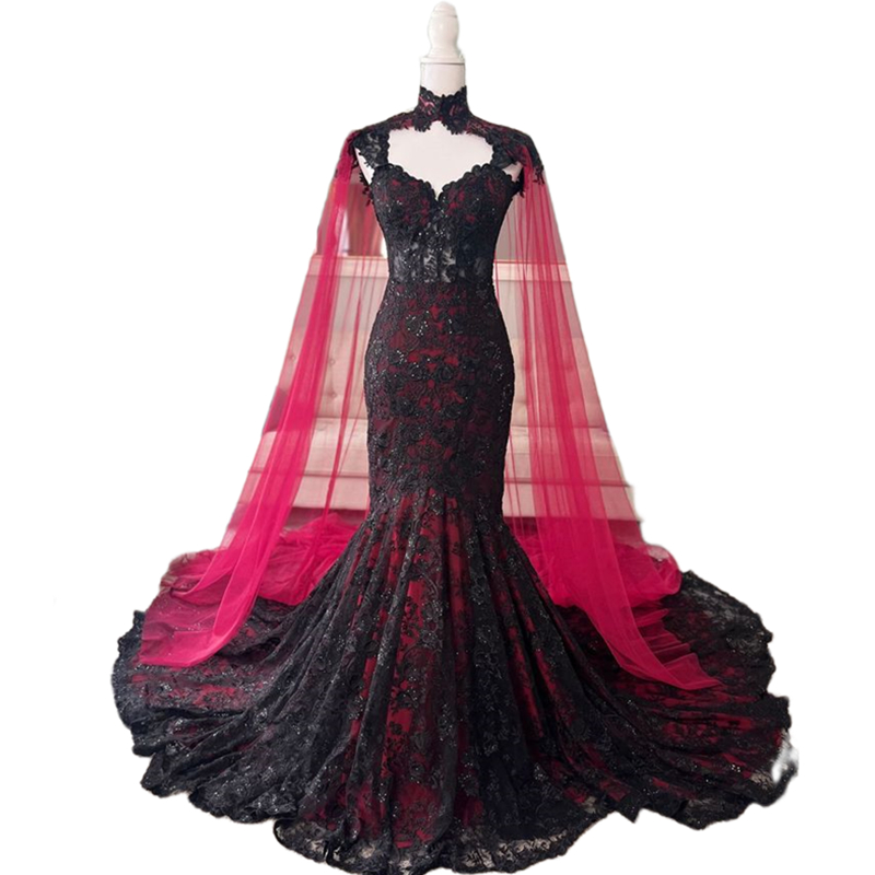 Black Lace Mermaid Gothic Wedding Dresses With Burgundy Cowl Back Chapel Train Straps Vintage Bridal Gowns 2024 Long Vestidos De Novia