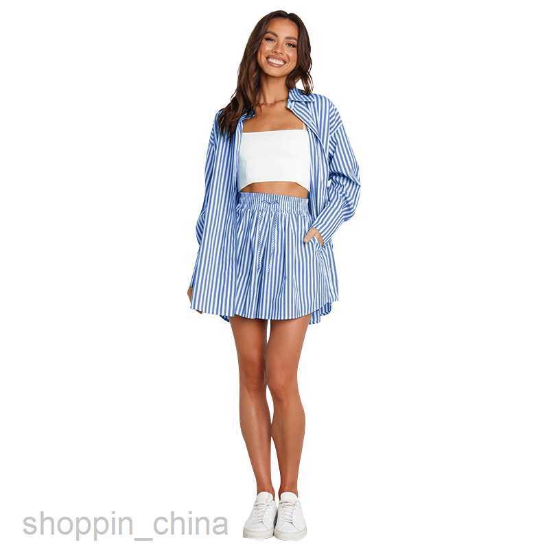 Women's Tracksuits Spring and summer temperament commuter casual pants set fashion women's shirt stripe long sleeve split two piece set Sets