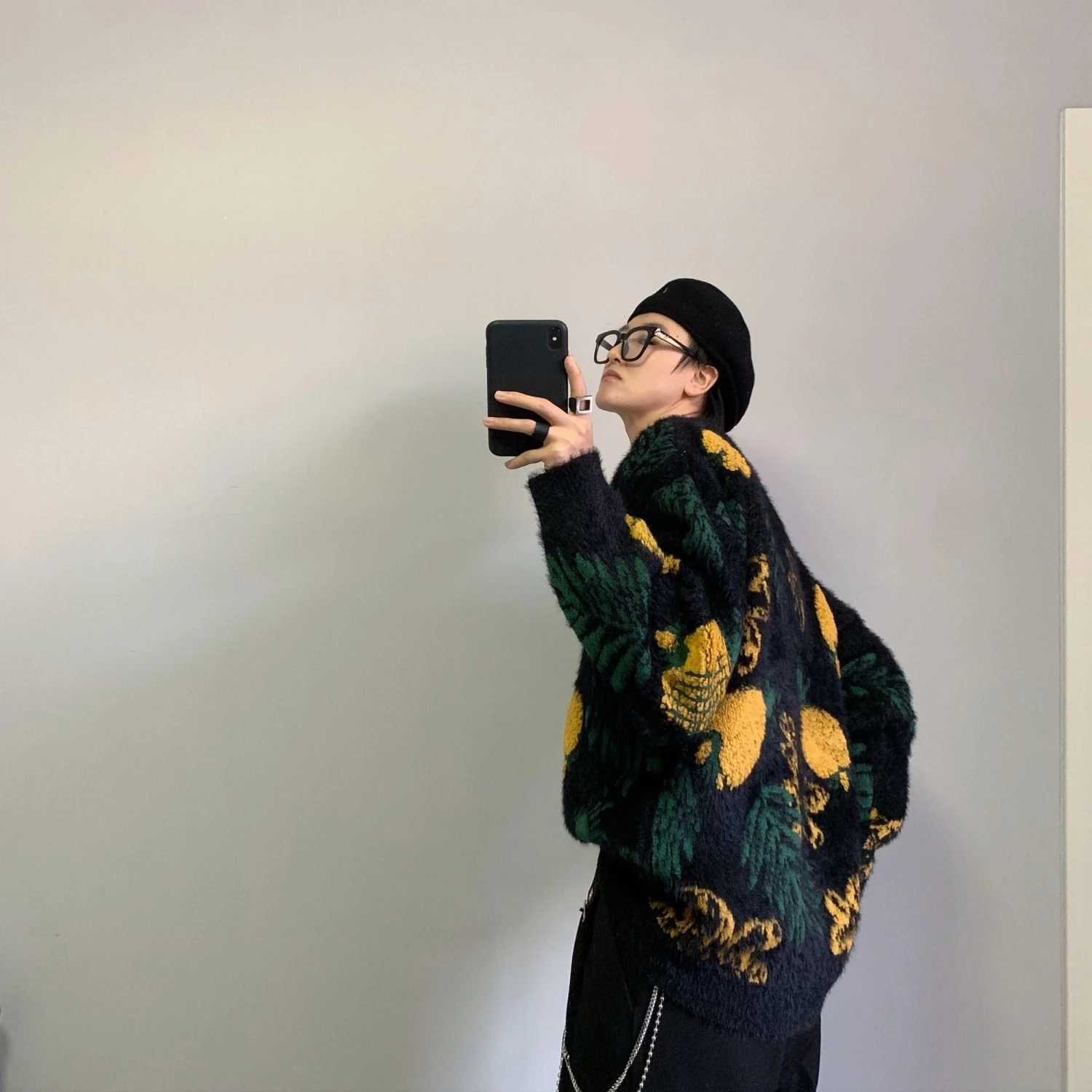 Men's Sweaters Autumn Winter Pineapple Jacquard O-neck Knitted Pullover Sweater Mens Casual Loose High Strt Pullovers Men Tops Male Clothes Y2406