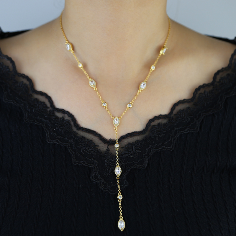 Sparking Bling 5A Cubic Zirconia CZ Marquise Eye Shaped Charm Long Y Lariat Sexy Women Chain Necklace