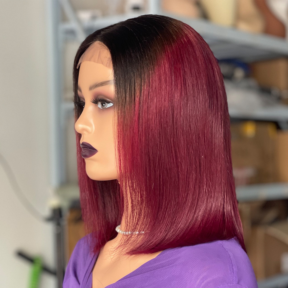 Burgundy Ombre Color Bob Wig Human Hair Straight Short 150%density Bob Lace Wigs for Black Women Brazilian Preplucked Human Hair Wigs on Sale Clearanc