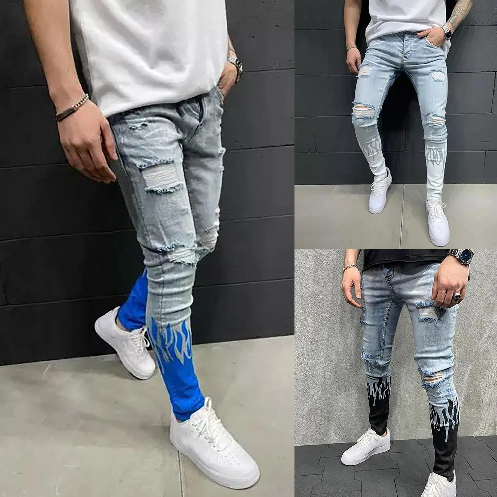 MenS Casual Trouser Pants Motorcycle Cool Print Personality Ripped Jean Pant Casual Summer Thin Pants Straight Blue Jean 240618
