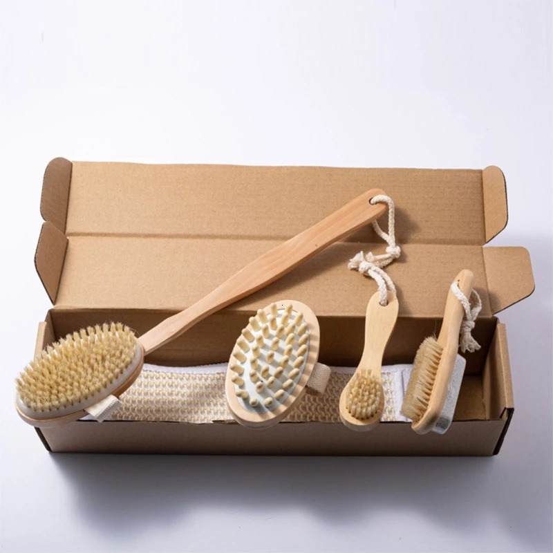 5Pieces Natural Bristle Bath Brush Set Exfoliating Promote Blood Circulations Massage Brush Wooden Body Dry Brush Drop 240624