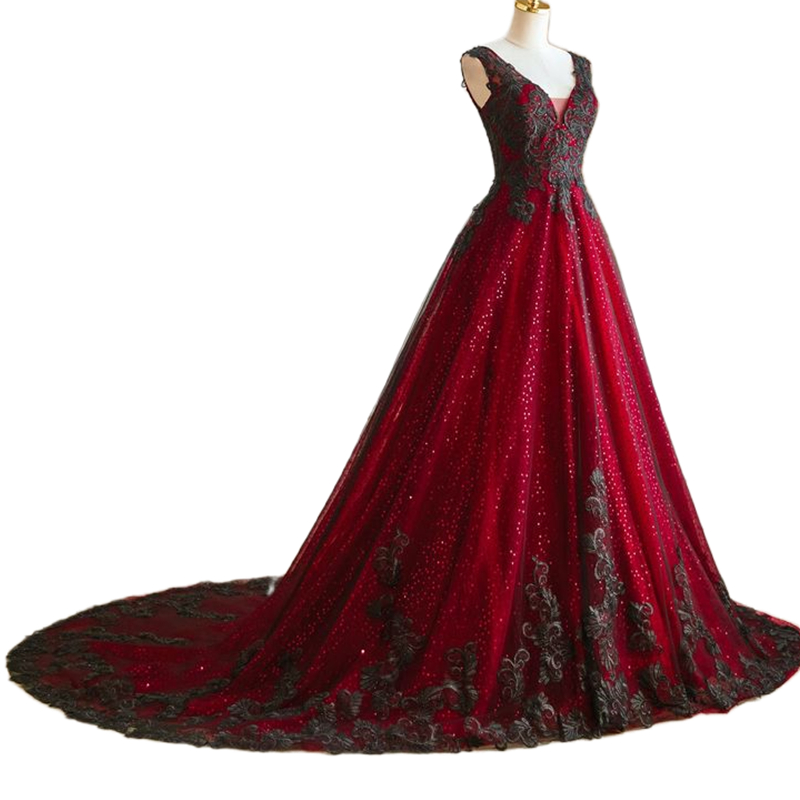 Vintage A-Line Gothic Wedding Dresses Black Lace Appliques Burgundy Sequin Tulle Long Retro Wedding Gowns Plus Size Vestido De Novia