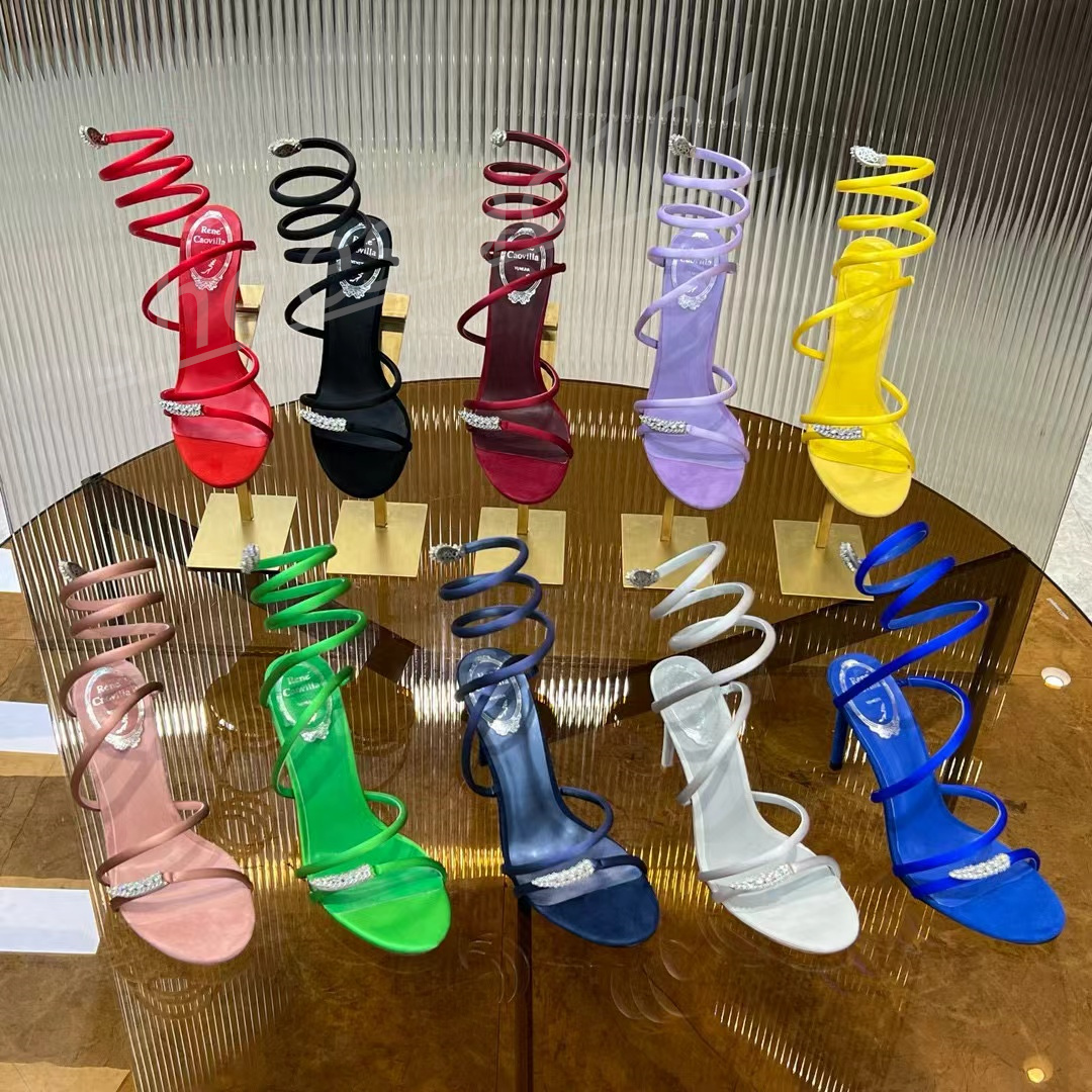 Stiletto sandals Designer Heels bowknot snaking Wraparound Evening Shoes High Heeled 9.5cm Crystals Embellished Rhinestone Leather Outsole Sandal size 34-43