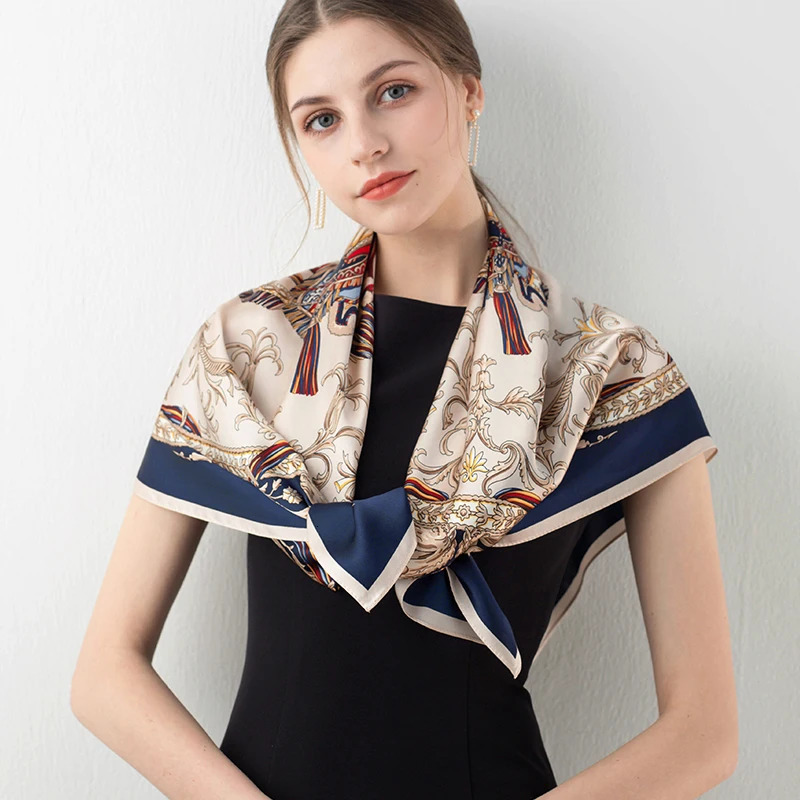 Women Square Silk Scarves Wraps Print Bufanda 100% Hangzhou Real Silk Bandana Foulard Femme Handkerchief 14mm Square Satin Scarf 240625