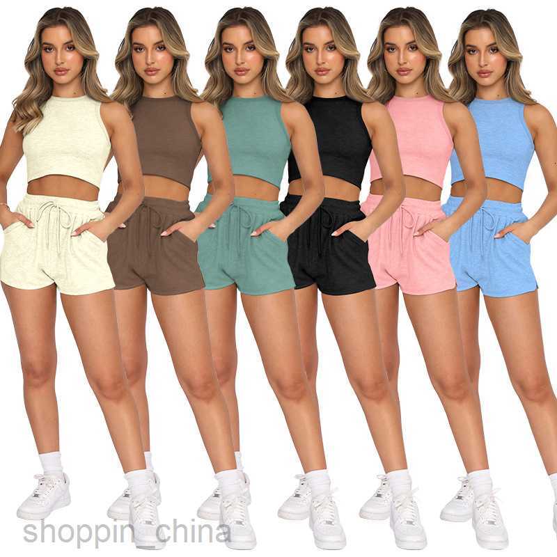 Women's Tracksuits New summer suit solid color vest urban leisure short style sleeveless navel exposed fashion body shaping women's wear Set