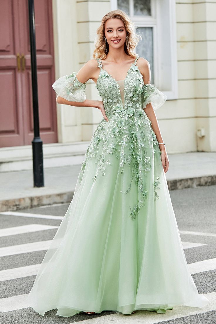 Sage 3D Floral Appliques A-Line Prom Dresses Floor Length Spaghetti Straps V-Neck Tulle Formal Party Gown For Women 2024 Detachable Puff Short Sleeves