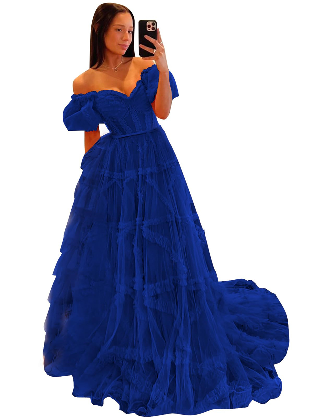 Long Prom Dresses Short Sleeve Off-the-Shoulder V-Neck Backless Tulle Ball Gown Plus Size Formal Occasion Evening Party Gown Pd26
