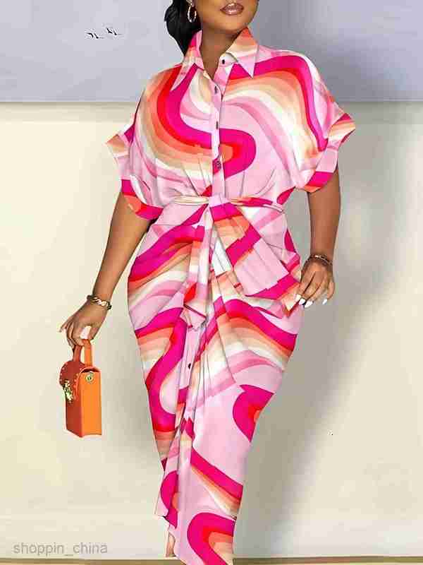 Casual Women Dresses Fall women's new printed pleated temperament commuting lapel tie up dress