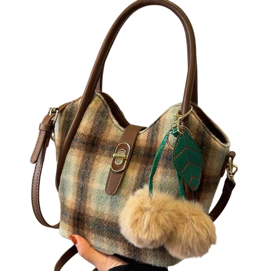 Cherry Blossom Garden Small Handheld Bag Autumn and Winter Woven Small Tote Bag High end Plaid Pattern Single Shoulder Cross Shoulder Vegetable Basket