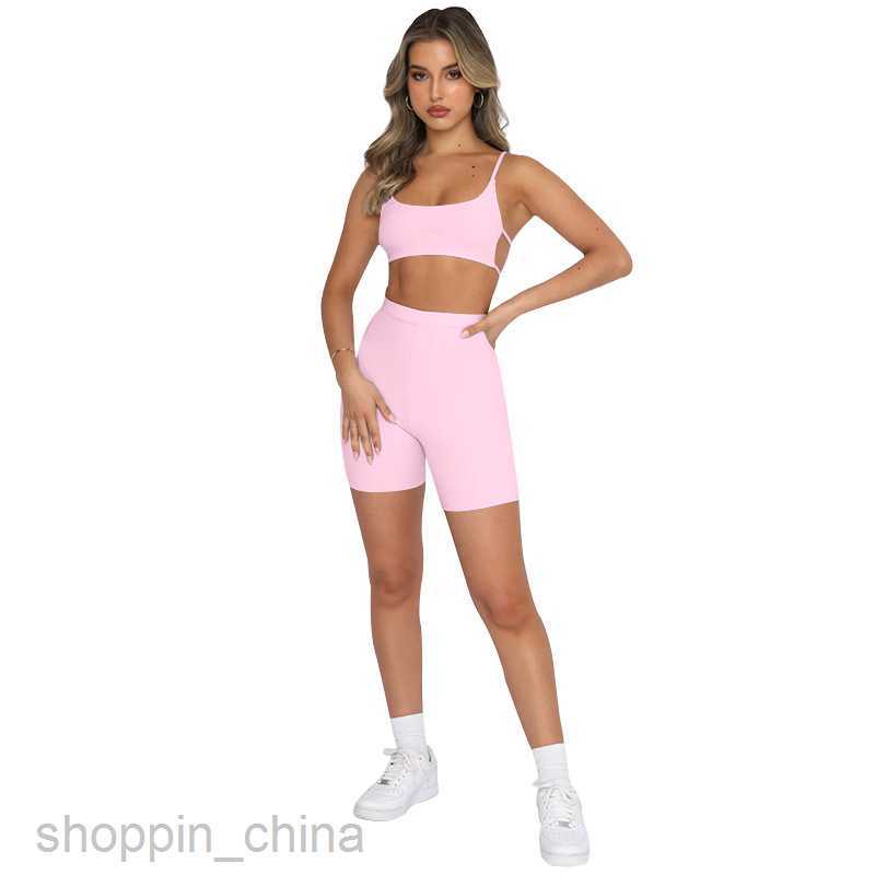 Women's Tracksuits Summer New Solid Color Sexy suspender Open Back Top Women's Fashion Sports Shorts Set Sets
