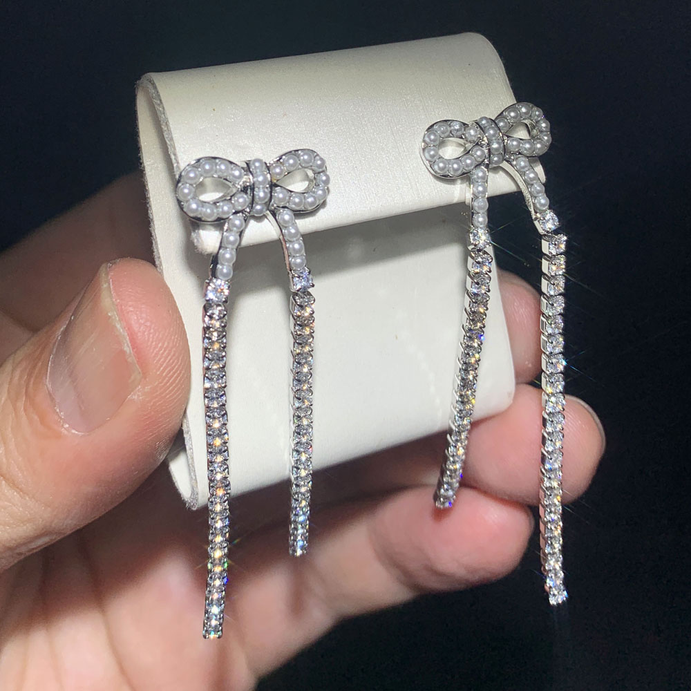 2024 Trendy Pearl Cubic Zirconia Paved Bowknot Tassel Earrings: Chic Long Tennis Chain Drop Earring Set