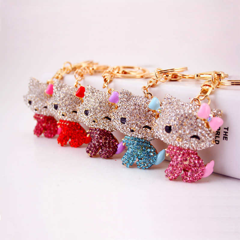 Keychains Lanyards Cartoon Cat Keychain Rhinestone Gold Color Cute Kitty Keyring Holder Creative Gift Fashion Jewelry llaveros para mujer Y240417