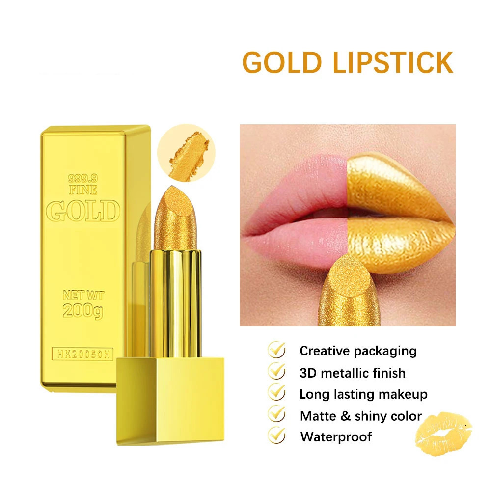 Waterproof Glitter Gold Pink Lipstick Long Lasting Non-stick Cup Velvet Matte Lip Tint Pearl Red Pink Sexy Lips Makeup Cosmetic 240624