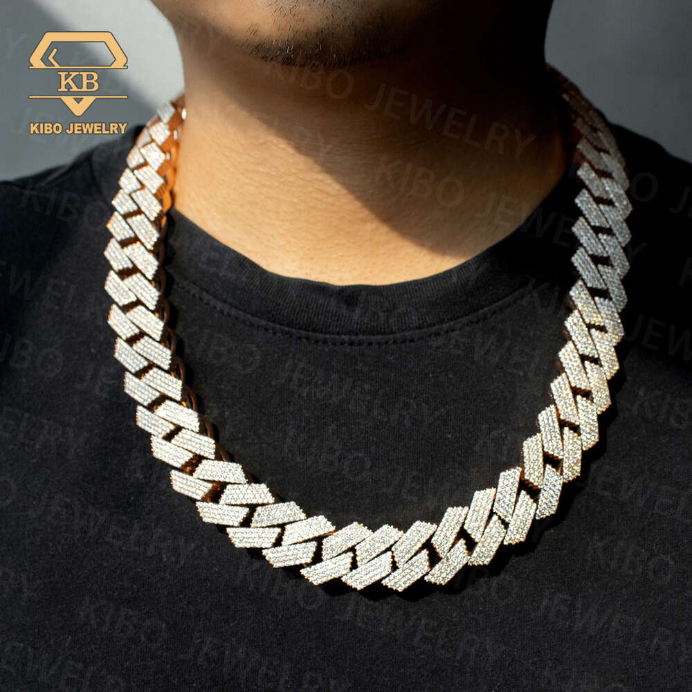 20mm 4 Rows High Quality Sterling Silver Iced Out Prong Setting Vvs Moissanite Diamond Rose Plated Cuban Link Chain