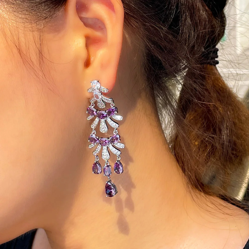 CWWZircons Royal Purple Cubic Zircon Stone Long Dangle Drop Women Engagement Wedding Party Chandelier Earrings for Brides CZ425 240625