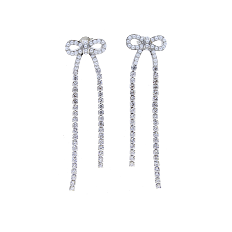 2024 Trendy Pearl Cubic Zirconia Paved Bowknot Tassel Earrings: Chic Long Tennis Chain Drop Earring Set
