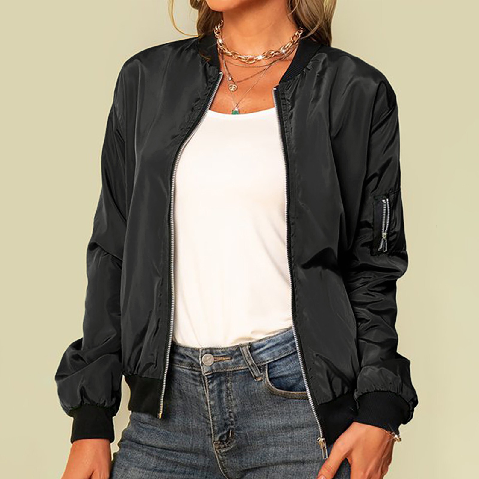 Women Thin Jackets Fashion Solid Bomber Autumn Long Sleeve Slim Coat Casual Windbreaker Stand Collar Zip Up Jacket F6.25#45