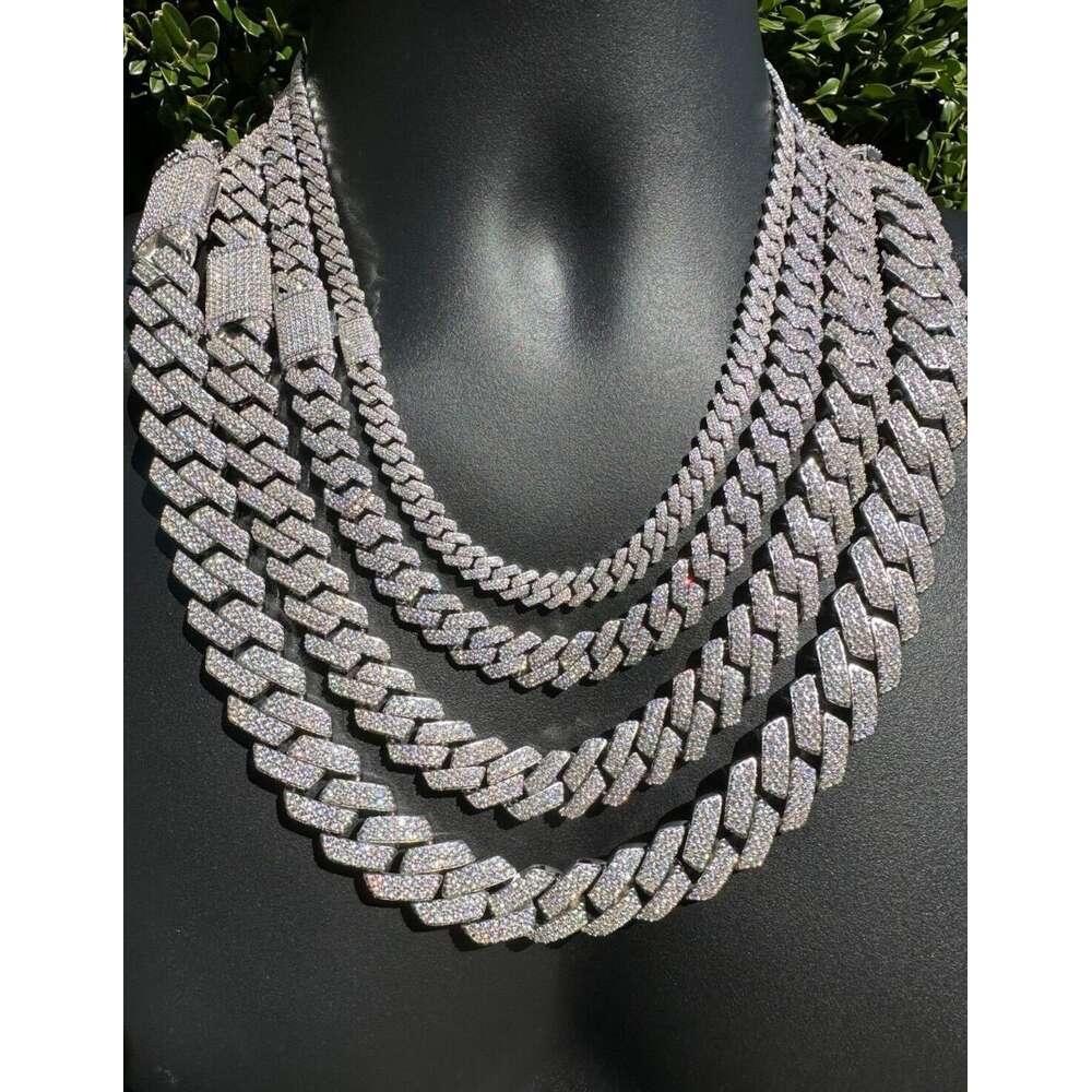 Hip Hop Luxury Mossanite Necklace Square 2 Rows 925 Sterling Silver 8-20mm Iced Out Prong Vvs Moissanite Cuban Link Chain