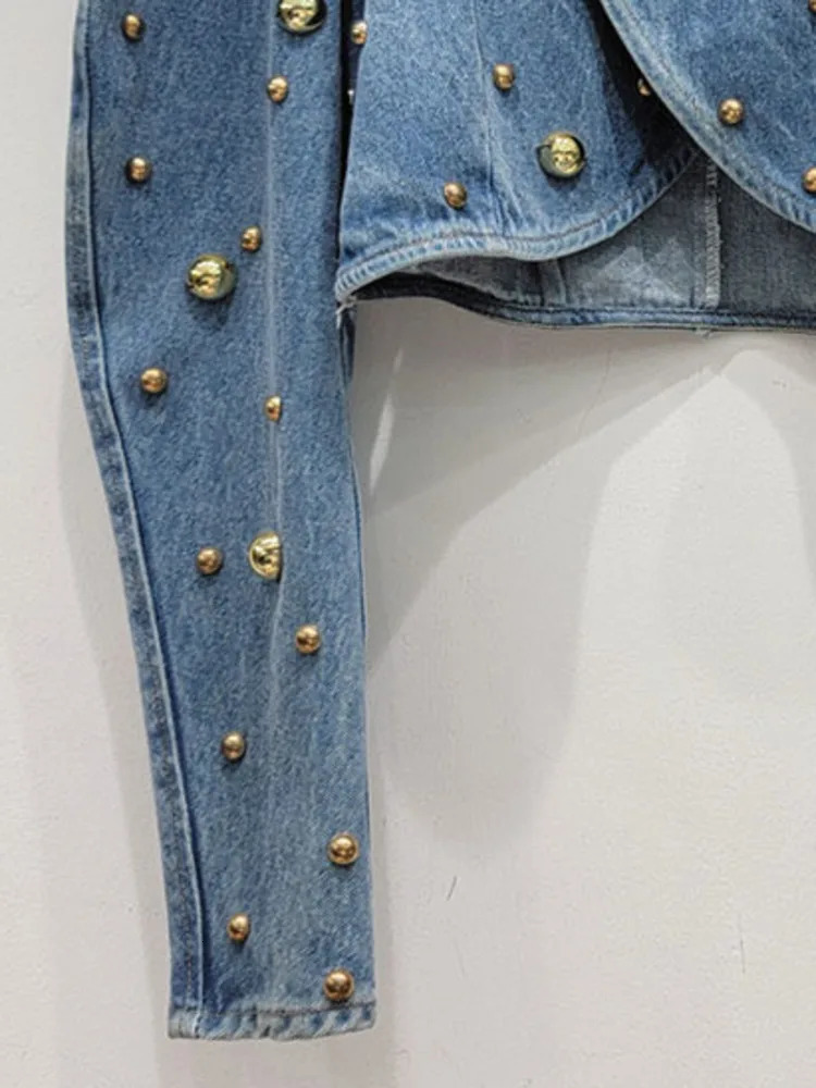 IEQJ Round Nail Rivet Bubble Sleeve Short Denim Jackets For Women Y2k High Street Sequins Coat Autumn Clothing 3WQ7344 240618