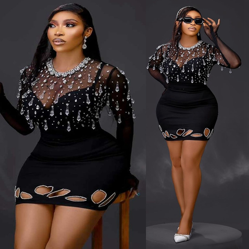 2024 black cocktail dresses for women short mini prom dress long sleeves sheath Illusion crystals beaded decorated birthday dress graduation homecomin