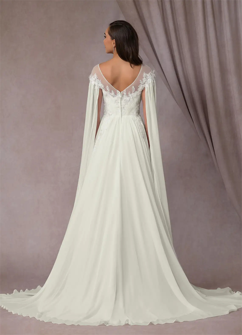 Fantasy Boho Chiffon A-Line Wedding Dresses Cape Sleeves Open Back Lace Appliques Pleats Long Country Beach Bridal Gowns