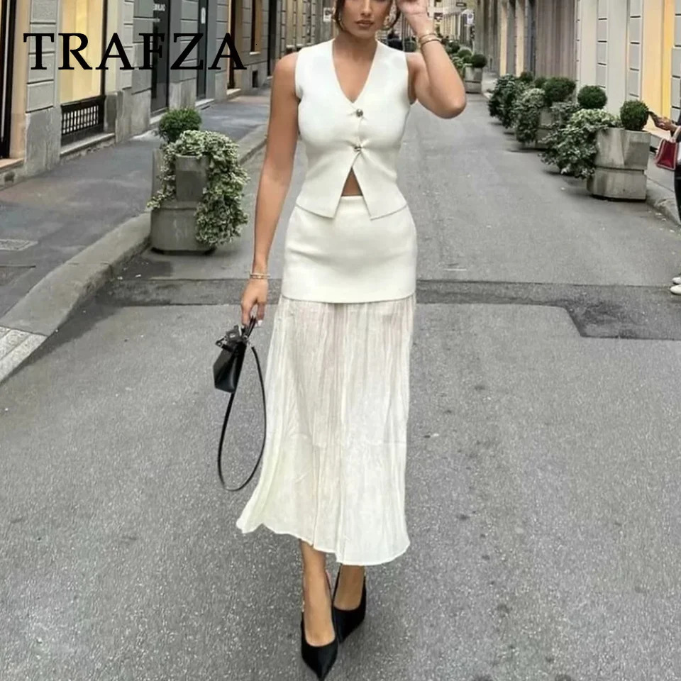 TRAFZA Spring Summer Casual Knitted Women Suit Fashion Gold Button V Neck Sleeveless VestPleat Spliced Zipper Long Skirt 240625