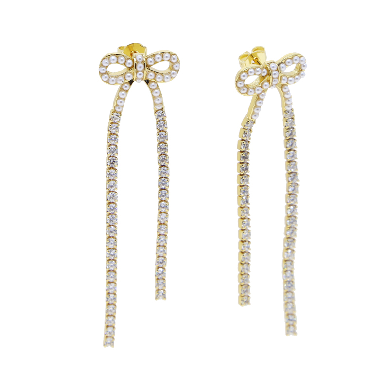 2024 Trendy Pearl Cubic Zirconia Paved Bowknot Tassel Earrings: Chic Long Tennis Chain Drop Earring Set