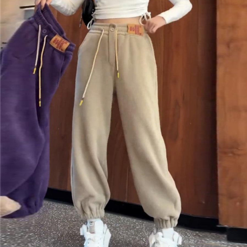 Solid Casual Thicken Women Corduroy Pants Lamb Fleece Padded Cashmere Warm Sweatpants Female Elastic Waist Soft Fur Trousers F6.25#29