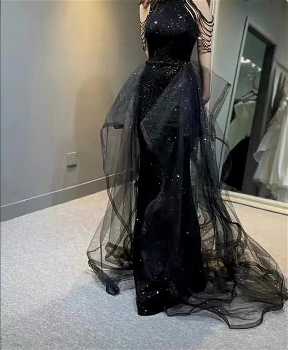 Long Prom Dresses Sexy Black Jewel Sequins Beading Tulle Ball Gown Plus Size Formal Occasion Evening Party Gown Pd25