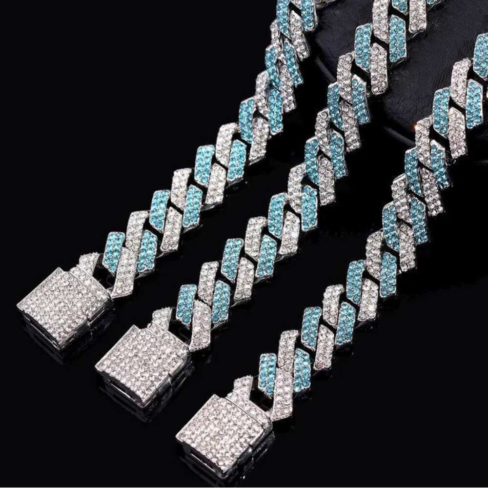 Mens Cuban Chain Rapper Jewelry Iced Out 925 Silver Blue White Color 14mm Moissanite Diamond Cuban Necklace