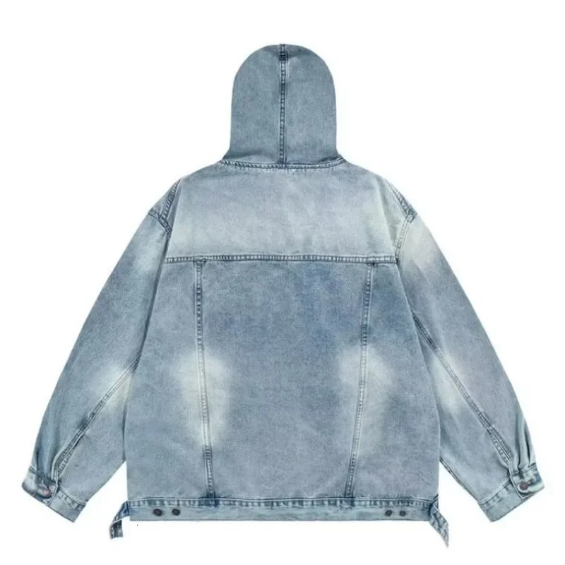 Japanese Denim Hooded Jacket Men Women Loose Casual Vintage Sweatshirt Coat High Street Washed Denim Pullover Varsity Autumn 240618