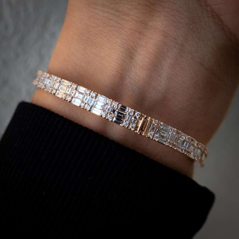 Hip Hop Sterg Sier Rose Gold Plated Iced Out Split Vvs Moissanite Bracelet Dia Baguette Bangle