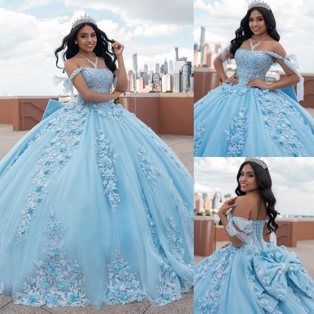 Designer Lace Ball Gown Quinceanera Dresses Sequined Appliqued Prom Gowns Beaded Off The Shoulder Necke Sixteen Sweet 15 Masquerade Dress