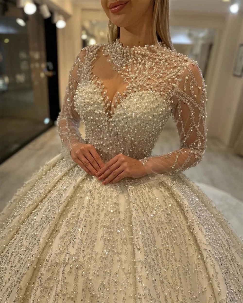 Dubai Arabic Wedding Dress High Neck Lace Beaded Sequins Long Illusion Sleeves Church Bride Gowns Vestido De Noiva Customed