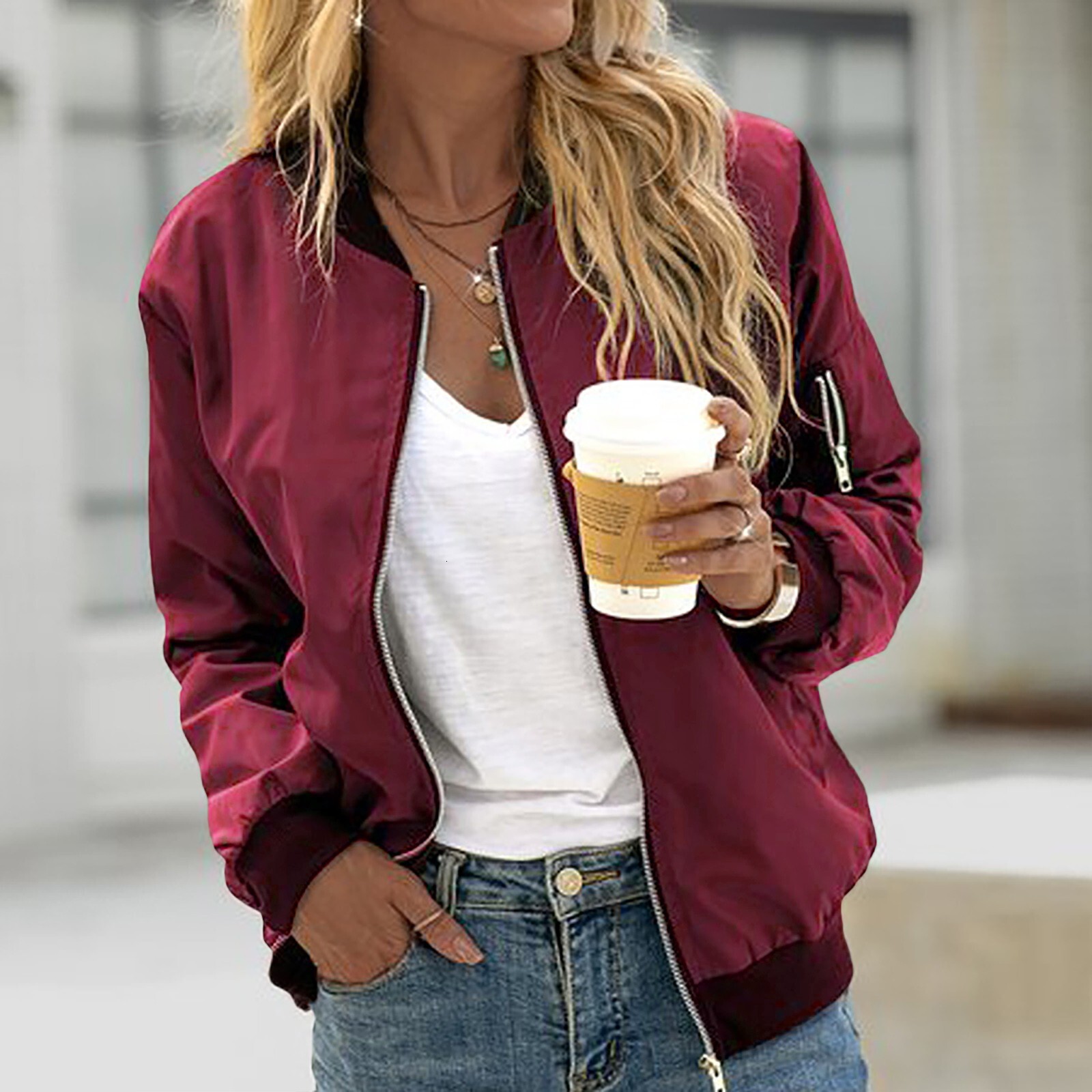 Women Thin Jackets Fashion Solid Bomber Autumn Long Sleeve Slim Coat Casual Windbreaker Stand Collar Zip Up Jacket F6.25#45