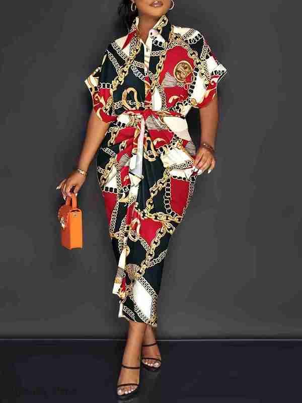 Casual Women Dresses Fall women's new printed pleated temperament commuting lapel tie up dress