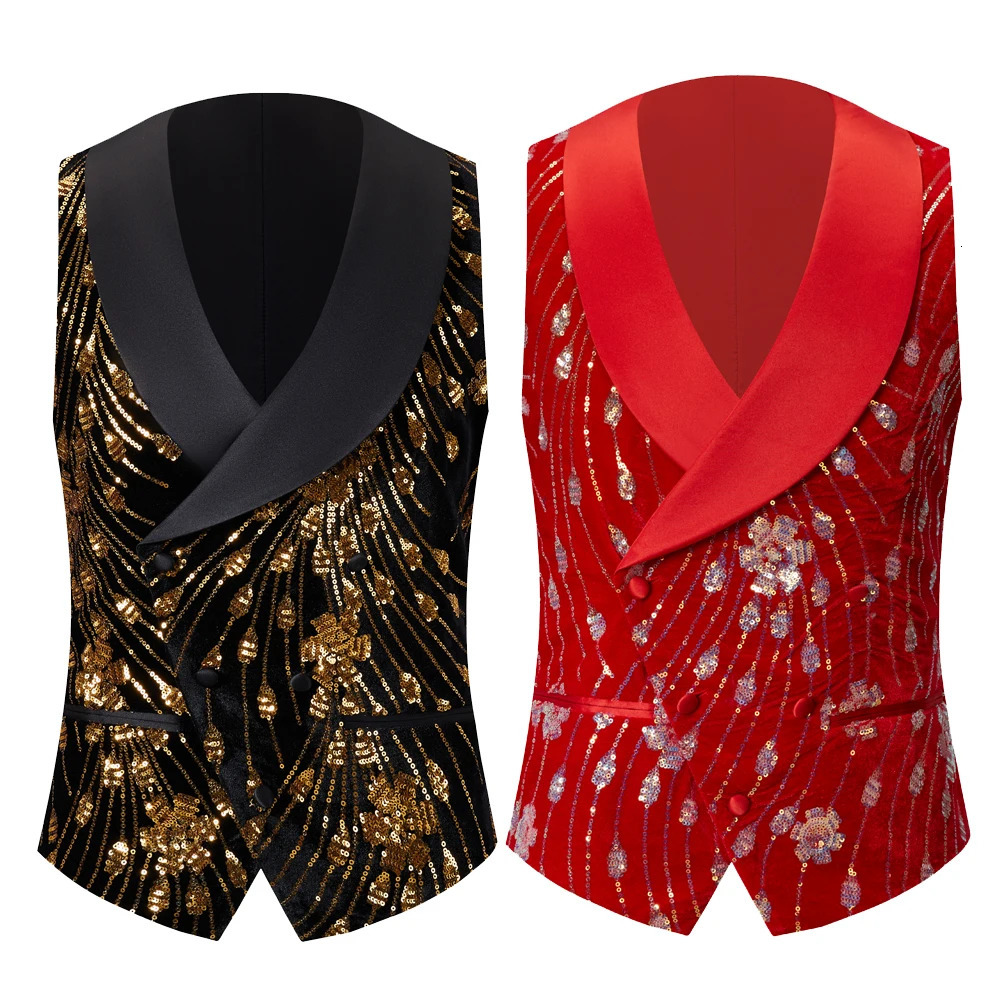 Mens Gold Shiny Sequin Suit Vest Glitter Embellished RedBlack Blazer Waistcoat Night Club Wedding Party Stage Singers Clothing 240615