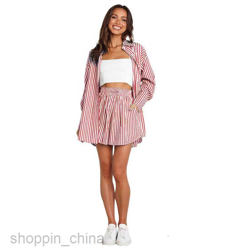 Women's Tracksuits Spring and summer temperament commuter casual pants set fashion women's shirt stripe long sleeve split two piece set Sets