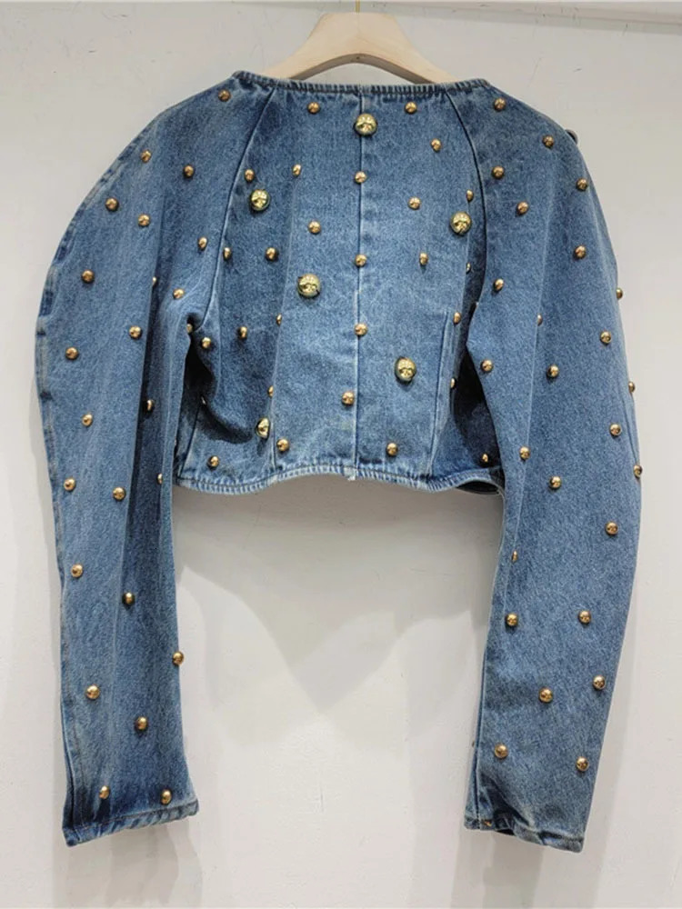 IEQJ Round Nail Rivet Bubble Sleeve Short Denim Jackets For Women Y2k High Street Sequins Coat Autumn Clothing 3WQ7344 240618