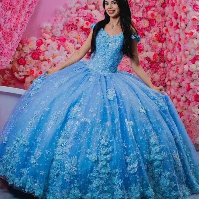 Sky Blue Shiny Quinceanera Dress Elegant Lace Applique Sequins Beading Off the Shoulder Mexican Sweet 16 Vestidos De XV 15 Anos