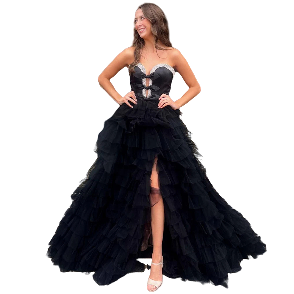 Long Prom Dresses White Crystal Tiered Deep V-Neck Split Tulle Ball Gown Bow Plus Size Formal Occasion Evening Party Gown Pd23
