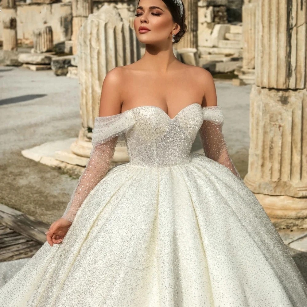 Sequins Sparkly Wedding Dress Sweetheart Beads Long Illusion Sleeves Church Bride Gowns Bridal Dresses Dubai Vestido De Noiva Customed es