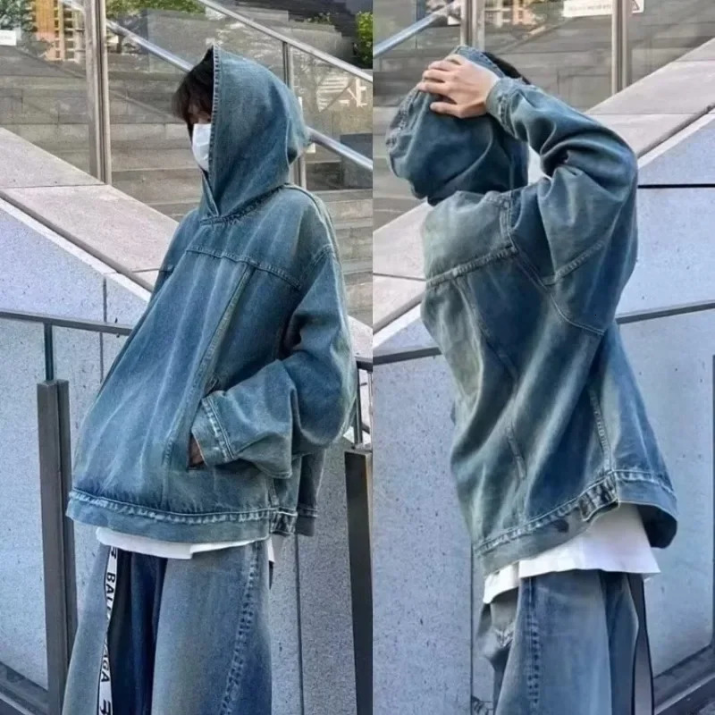Japanese Denim Hooded Jacket Men Women Loose Casual Vintage Sweatshirt Coat High Street Washed Denim Pullover Varsity Autumn 240618