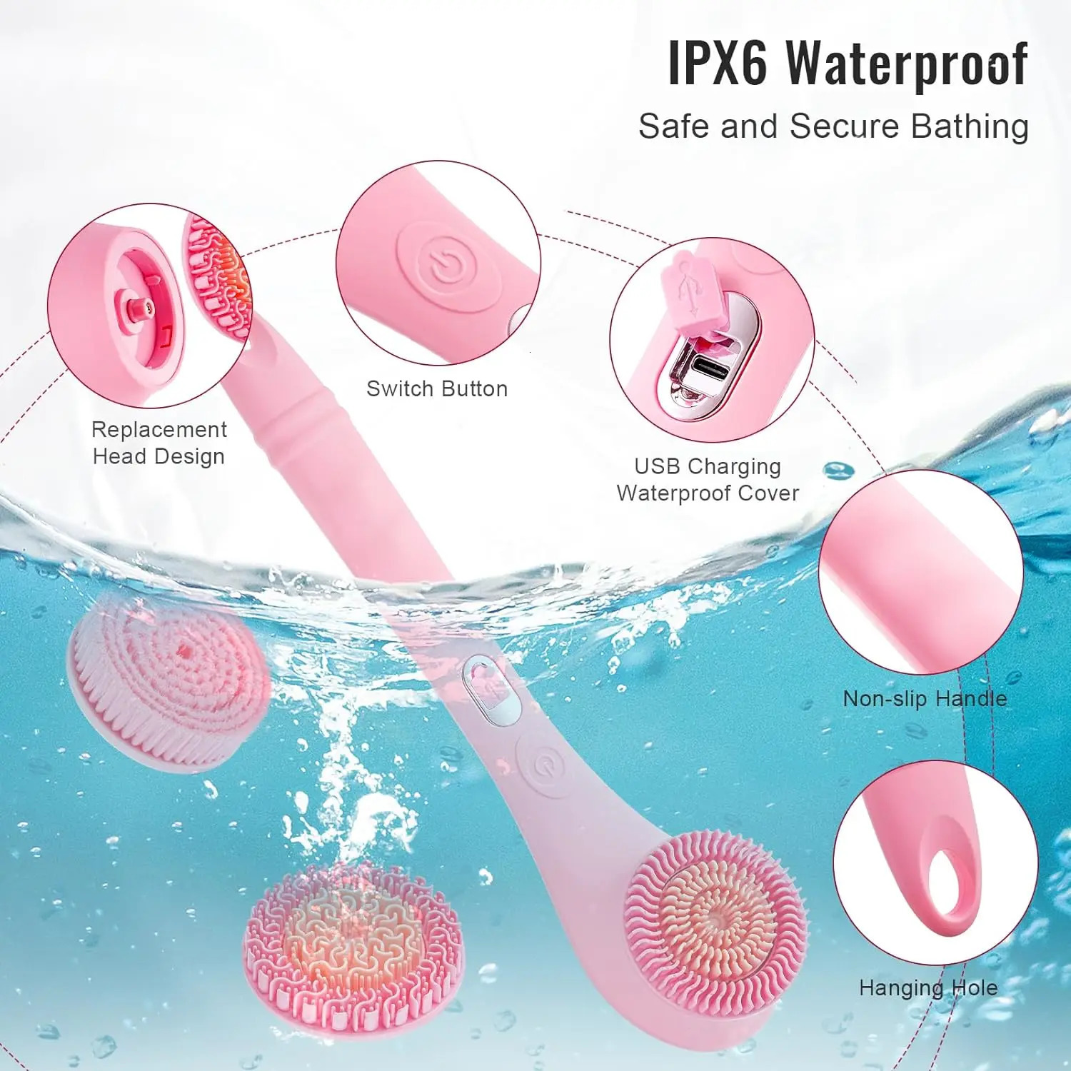 Electric Shower Brush Set for Whole Body Cleaning Back Scrubber 3 Cleaning Heads 2 Speeds Bathing Brush Massage Exfoliator Brush 240624