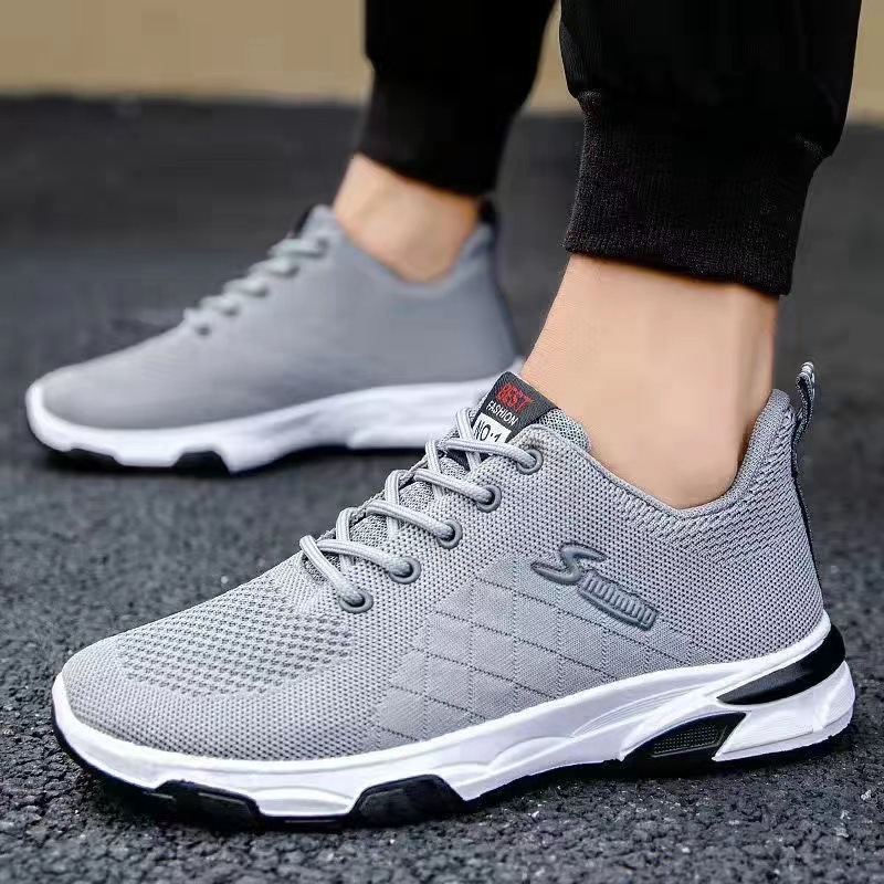 Casual Korean Men's Students Sneakers Soft Sole Lightweight Flyweave Running Cloth Shoes Black
