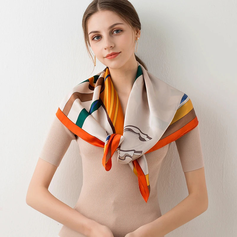 Women Square Silk Scarves Wraps Print Bufanda 100% Hangzhou Real Silk Bandana Foulard Femme Handkerchief 14mm Square Satin Scarf 240625